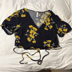 Floral Wrap Top - Black and Yellow